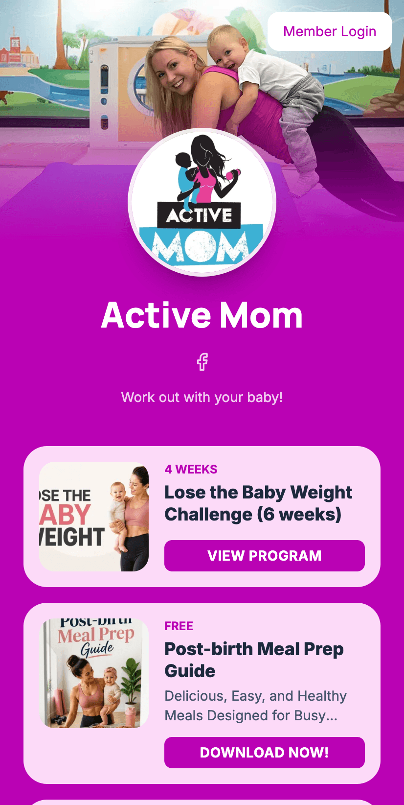 A trainer's branded FitClips page, selling a program and a lead magnet